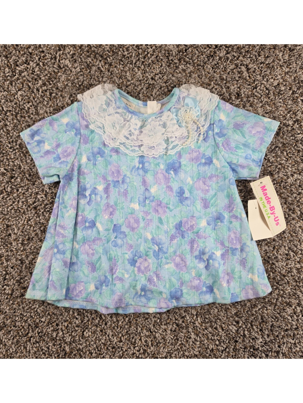Vtg 1980s Toddler Girls Sz 3T Pastel Floral Short Sleeve Blouse Lace Neckline